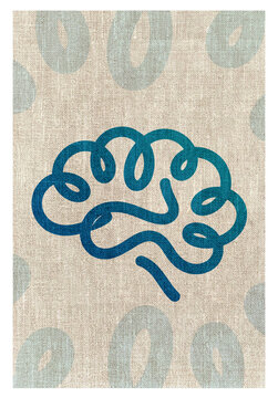 Blue brain icon illustration on textured linen background