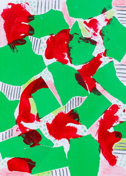 A pattern of colored paper, paint strokes, and pencil hatching