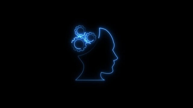 Neon human head with rotating gears animation on black background, creative thinking, mental processing, and technology innovation concept
