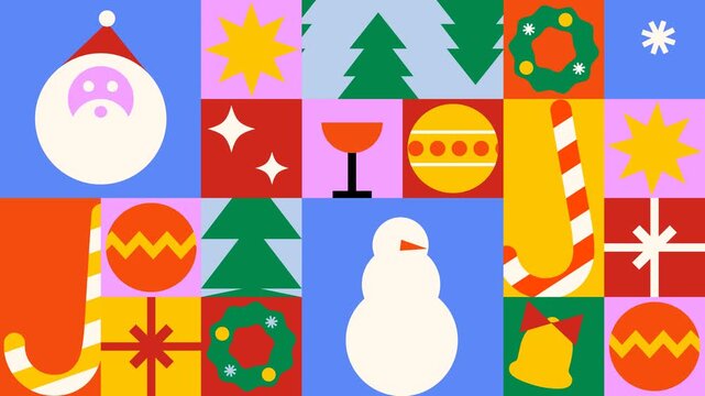 Christmas transition for checkered pattern with geometric minimal holiday icons and simple shapes forms