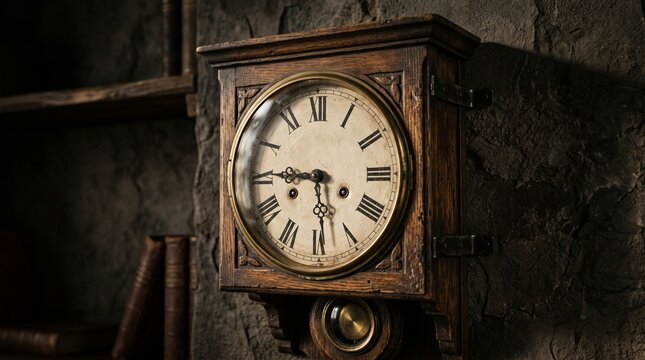 Antique wooden wall clock with Roman numerals and pendulum showing time PNG Isolated on transparent background
