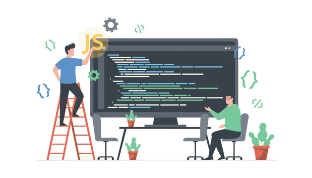 Digital development team working on JavaScript code on a large computer screen using a ladder to reach design elements.