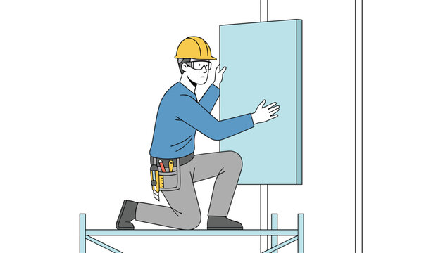 Experienced construction worker in a safety helmet installing a large drywall panel on a metal scaffolding structure.