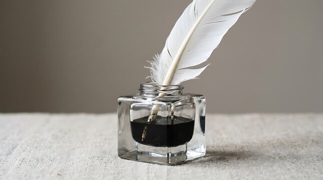 Quill pen in a glass inkwell on a textured surface