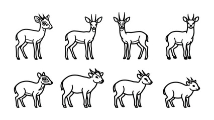 Fototapeta premium Set of Deer Silhouettes: A collection of eight stylized black and white illustrations of deer in various poses, showcasing their slender legs and elegant horns.