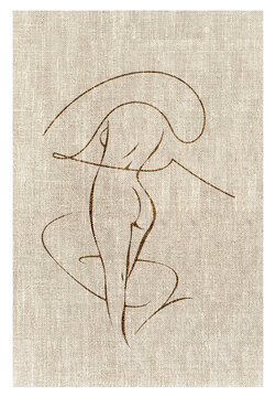 Minimalist line art sketch of a female figure on textured