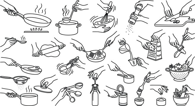 Hands preparing food cooking culinary process kitchen utensils outline linear doodle vectors set icons illustrations clip art