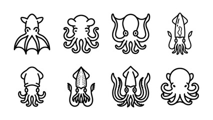 Fototapeta premium Octopus and Squid Icon Set: A collection of eight stylized, minimalist icons depicting various octopus and squid cephalopods.