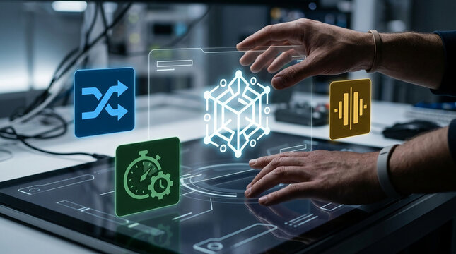 High tech engineer interacting with futuristic holographic interface showing data visualization icons and system control modules in laboratory