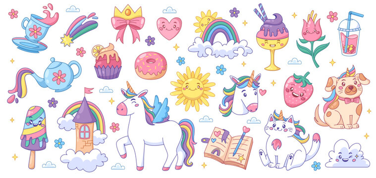 Rainbow kawaii sticker with adorable unicorn, cute cartoon cat and magical cupcake icons. Pastel vector elements with cloud, crown and flower designs for girly birthday party decorations.