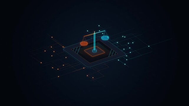 Digital justice concept: isometric scales of law and ethics on circuit board background, balance