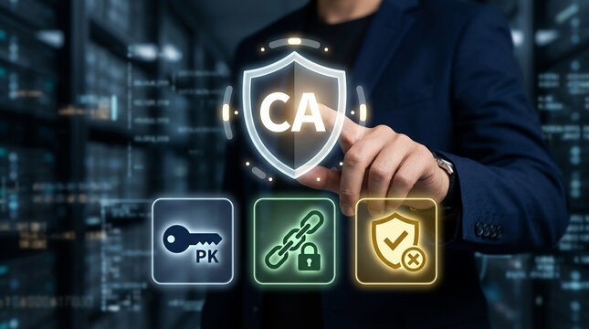 Cybersecurity professional interacting with CA Certificate Authority digital shield icon, PK public key and encryption symbols in a data center.