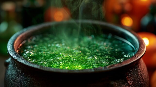 Black cauldron with boiling green liquid, Halloween concept.