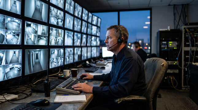 Security guard monitors multiple surveillance cameras on screens in a control room