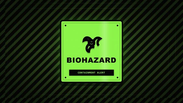 Biohazard containment alert sign animation with green warning stripes and biological hazard symbol.