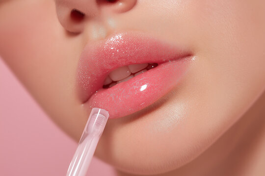 Glossy pink lip close up lip gloss liquid shine mouth cosmetic applicator smooth skin beauty product female sensual makeup pout lipstick skincare gloss texture cosmetic closeup glamour natural