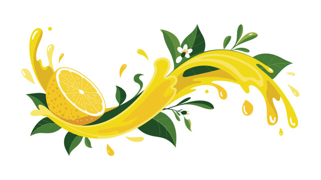 Lemon, citrus fruit with leaves surrounded by splashing liquid and droplets, fresh juice concept, natural ingredients, refreshing beverage, and vector design.