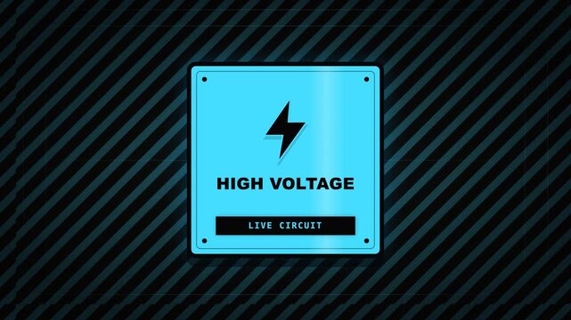 Animated high voltage warning sign on a dark striped background indicating a live circuit hazard.