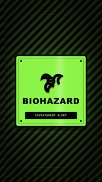 Biohazard containment alert sign with warning symbol on a green striped background.