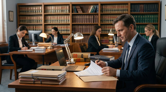 Lawyers working in a traditional law office with bookshelves and documents