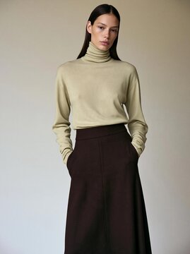 Young woman standing in a studio with a plain white background. she is wearing a beige turtleneck sweater and a dark brown midi skirt.