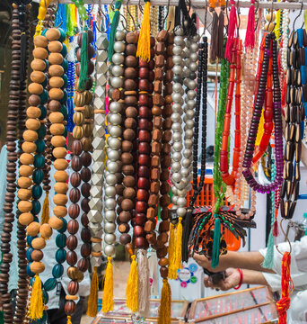 prayer beads and malas hanging for sale in the market near Ajmer Sharif Dargah, Ajmer, Rajasthan, India