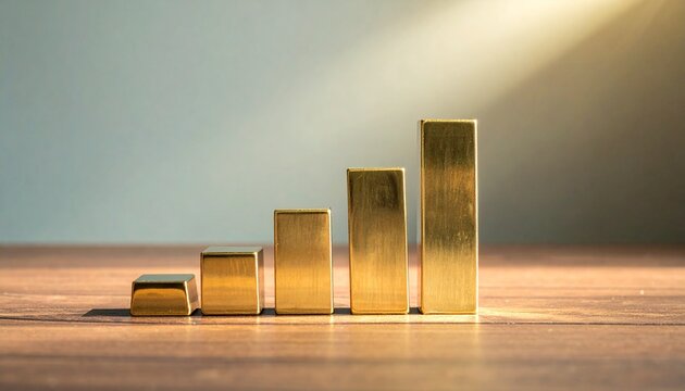 Ascending Brass Blocks on Dark Walnut Wood Background for Financial Growth Copy Space