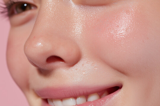 Luminous skin cheek close up macro dewy skin pink background female smile nose pores skin texture water droplets highlight cosmetic skincare healthy skin natural youthful smooth skin radiant glow