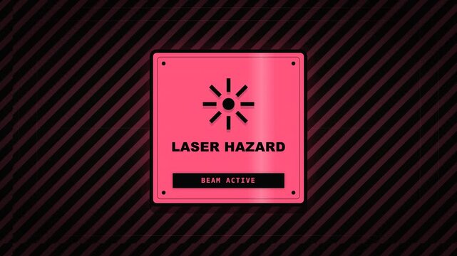 Animated laser hazard warning sign with active beam status on a dark striped background.