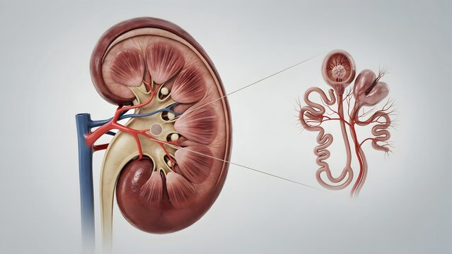Detailed illustration of human kidney with close-up view of nephron segments