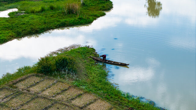 Aerial view of a fisherman in a wooden boat on the river near lush green banks and agricultural fields in Dambatta, Kano, Nigeria.