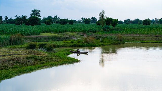 Aerial view of a lone fisherman in a small wooden boat on a calm river, surrounded by lush green agricultural fields and scattered trees in the rural landscape of Dambatta, Kano, Nigeria.