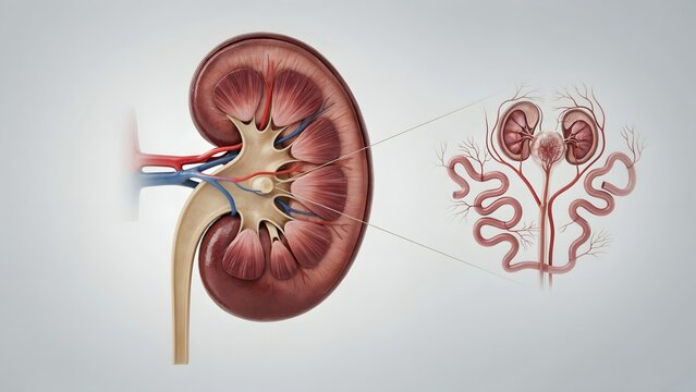 Detailed Illustration of Human Kidney and Urinary System with Close-up of Nephrons