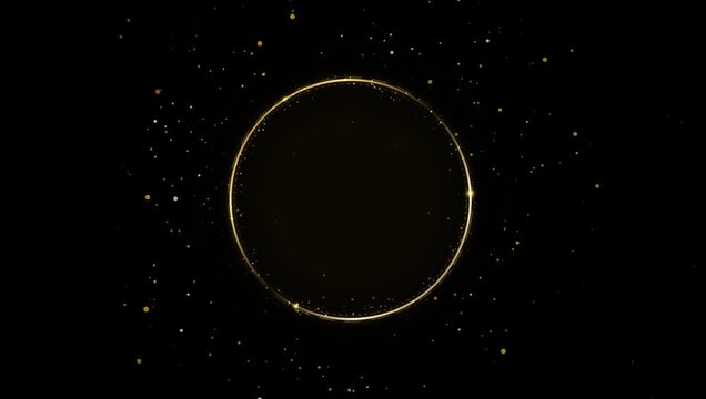 Golden glowing ring frame with floating particles on black