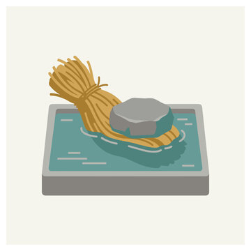 A pixel art depiction of a stone and hay floating in a shallow pool