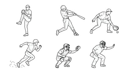 Fototapeta premium Baseball Players Action Poses Line Art Vector Illustration Set 