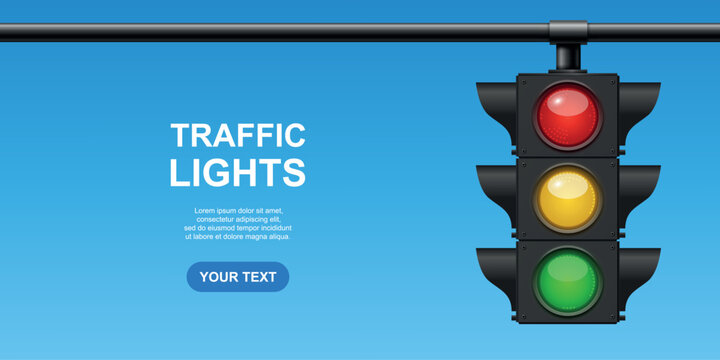 Traffic Light Hanging on Horizontal Pole, Vector Illustration. Red Yellow and Green Signal Lights on Blue Background. Road Safety and Transportation Control Symbol. Urban Street Regulation