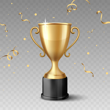 Trophy Cup Vector Illustration. 3d Gold Trophy Award. Winner Prize Cup with Confetti for Championship, Competition, Achievement, Success, Sports, Victory Celebration, Medal Ceremony, Winner Design
