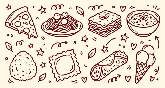 Italian food and cuisine doodle icon set, hand drawn traditional pasta pizza gelato vector elements.