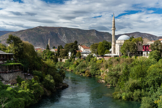 Koski Mehmed Pasha Mosque standing on a cliff above the Neretva River in Mostar