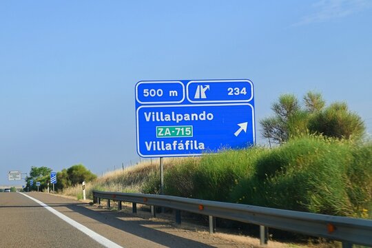 A road sign on the A-6 motorway in Spain indicating exit 234 to Villalpando and Villaf&aacute;fila, in the province of Zamora, Castile and Le&oacute;n region.July 29, 2026