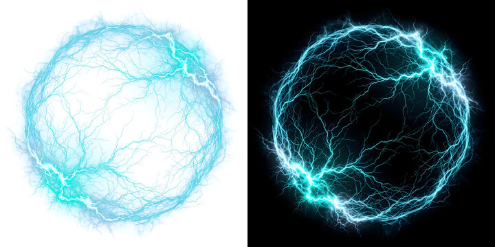 Cyan electric lightning sphere of crackling energy ball glowing with veins for design use in PNG, Transparent and Black Background Versions available