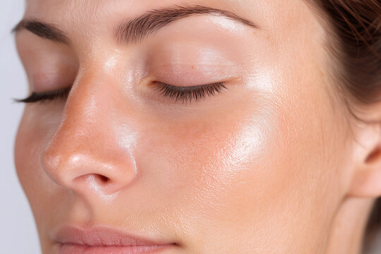 Glossy skin close up, skin texture, pore detail, natural complexion, dewy cheek
