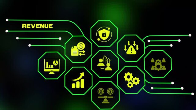 REVENUE finance dashboard with rising charts, secure transactions, financial planning icons for expansion.