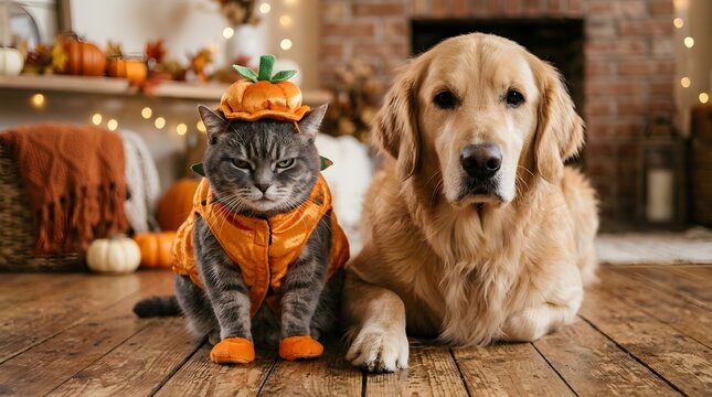 A lovely golden retriever dog and a grumpy cat dressed in a cute pumpkin costume sitting together on a rustic wooden floor in a cozy room decorated for the Halloween and autumn season.