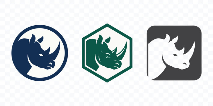 Set of three rhinoceros head icons in varied geometric frames for logo branding with rhino icon wild animal rhino emblem vector graphic design