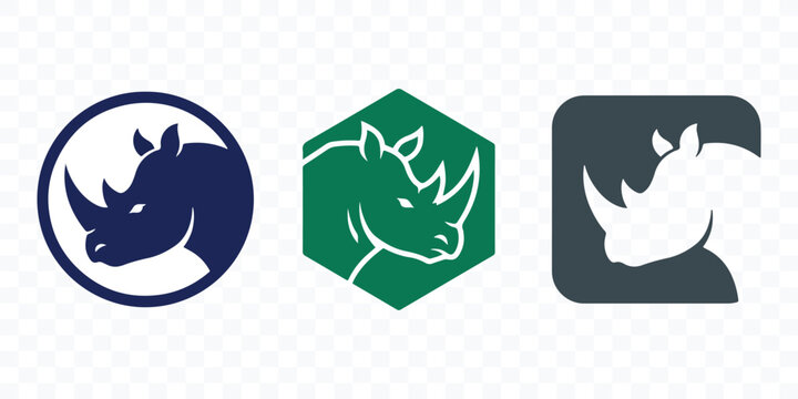 Set of minimalist rhino head logos in circular hexagonal and square frames rhino logo animal logo minimalist design vector illustration icon set wildlife