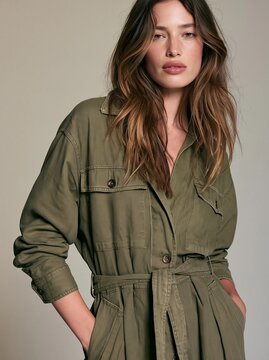 Portrait of a young woman with long, wavy hair. she is wearing a green jumpsuit with a belt cinching her waist. the jumpsuit has a collared neckline and long sleeves.