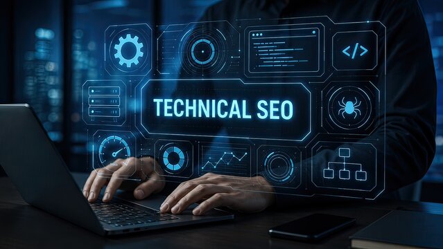 A person s hands are shown typing on a laptop computer with a bright screen displaying the text technical seo against a futuristic digital network
