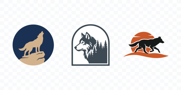 Three stylized wolf icons and logos with forest and rock elements wolf logo wild animal howling wolf running wolf vector icon graphic design logo collecti